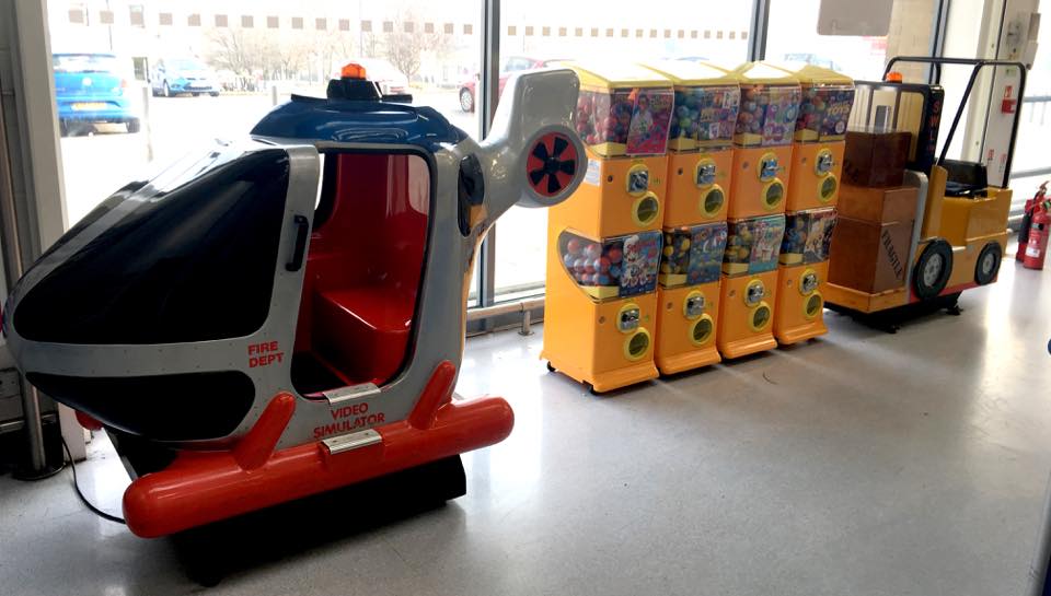 MightyVendingUK installation with a helicopter kids ride and capsule vending machines in a real venue