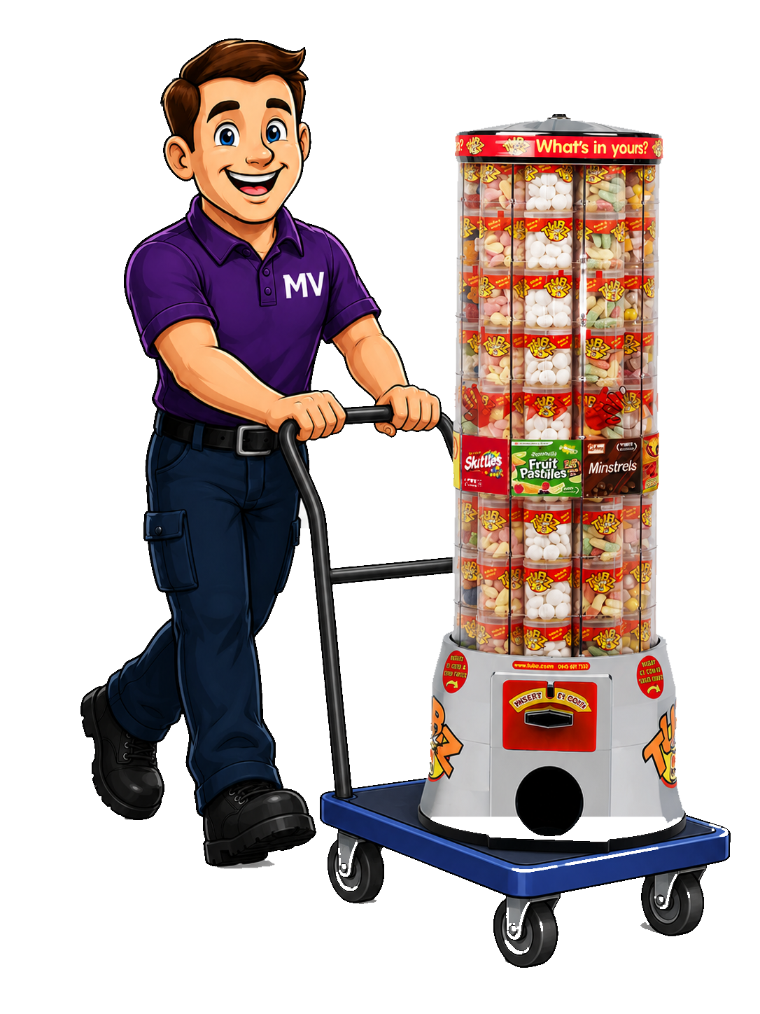 MightyVendingUK technician pushing a Tubz sweet tower into place during installation