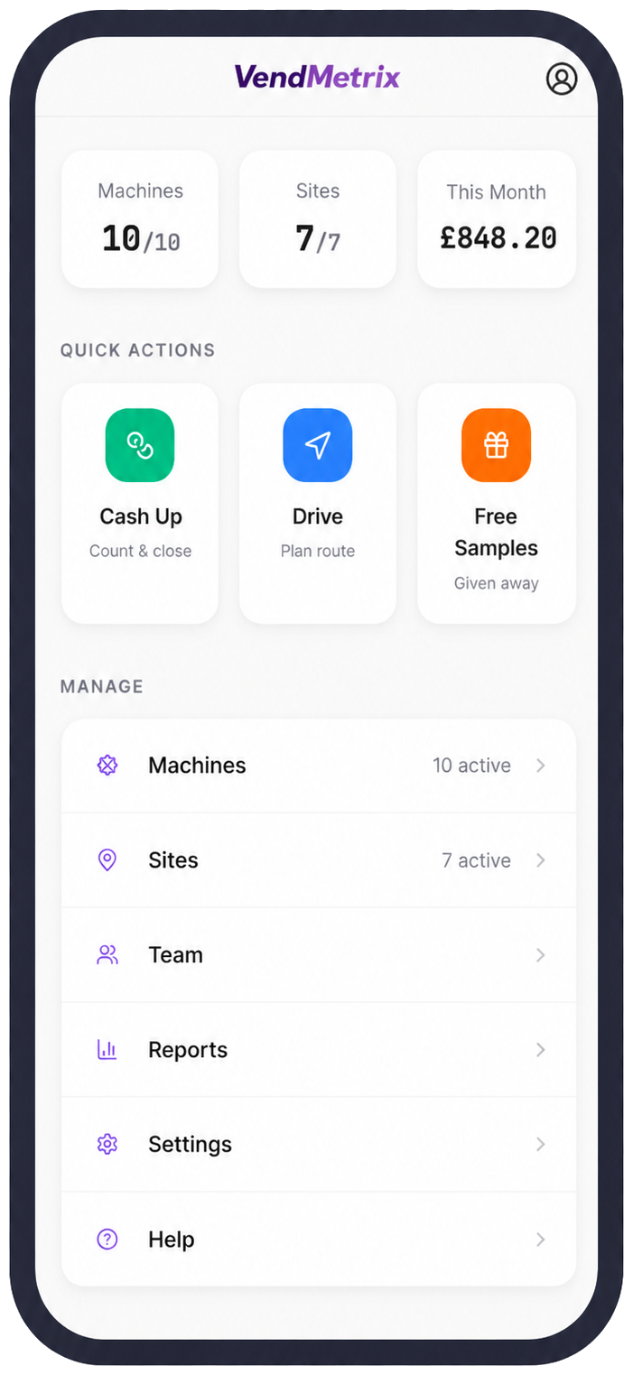 VendMetrix mobile app dashboard shown on a phone screen
